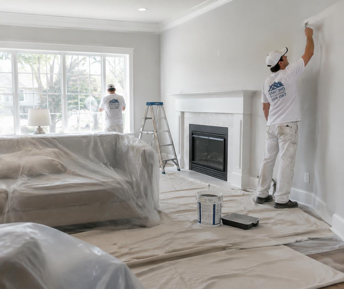 Painters cutting in trim in a protected living room