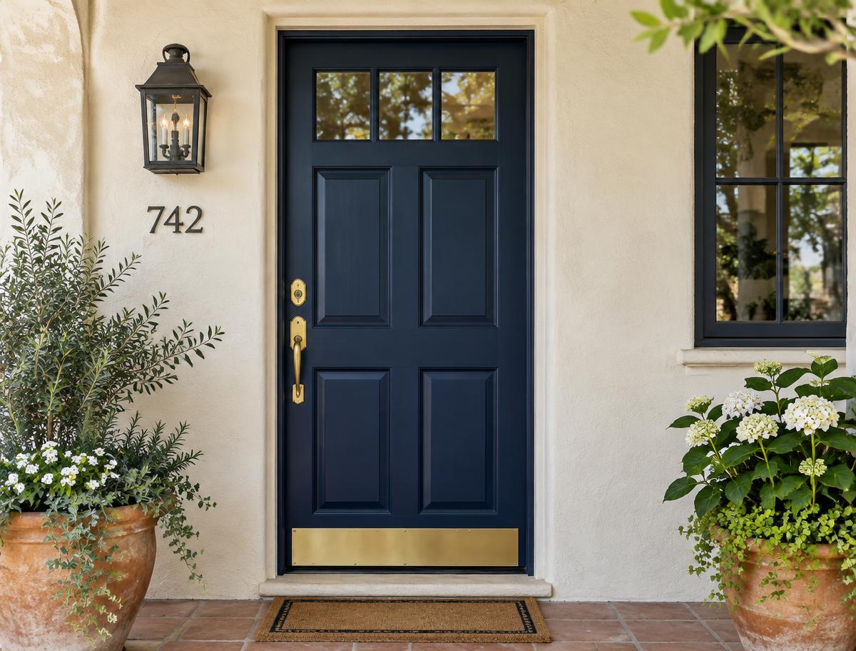 Navy blue painted front door on a cream stucco home