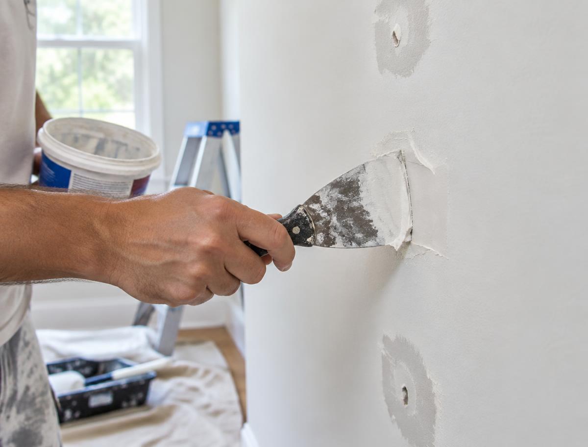 Painter patching drywall holes with a putty knife