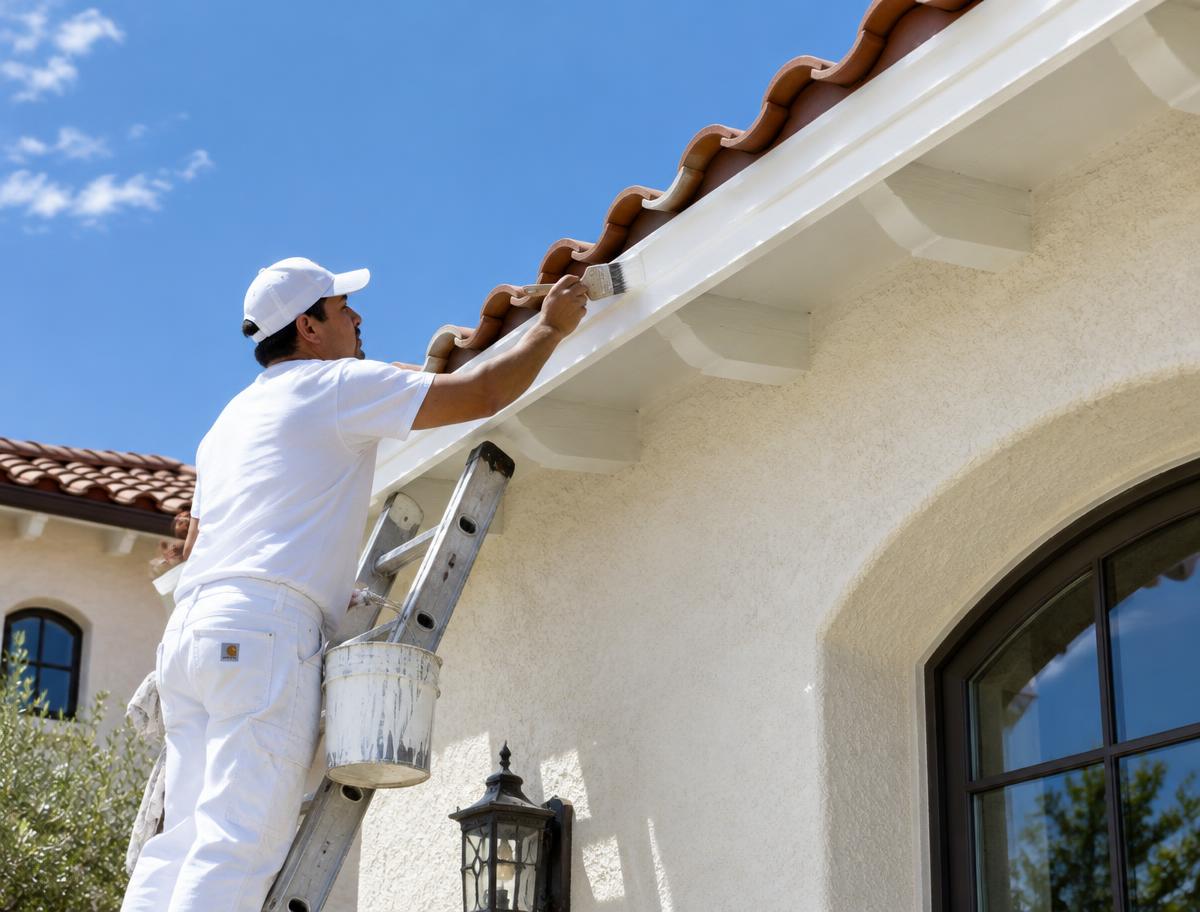Painter brushing white paint on fascia and eaves