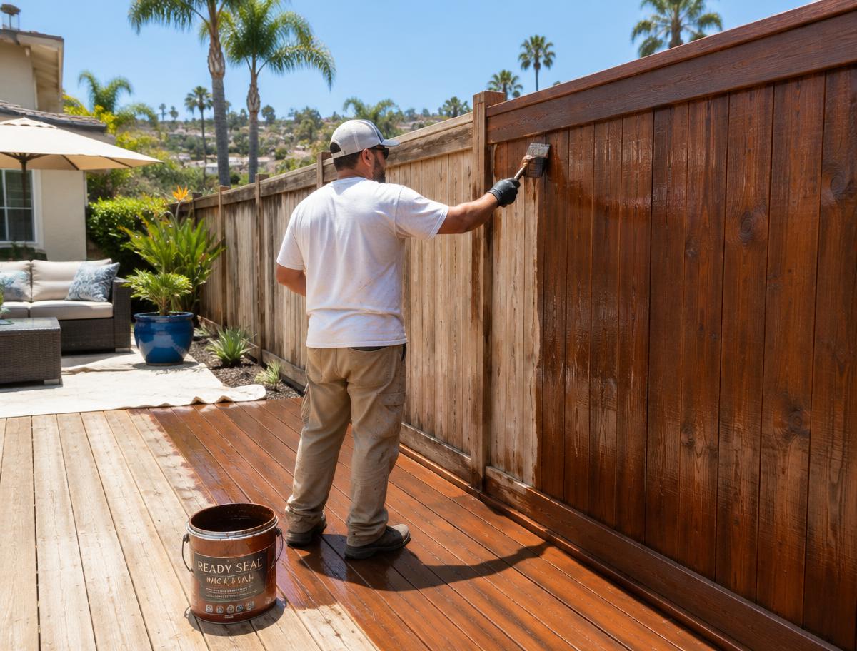 Painter staining a wooden backyard fence