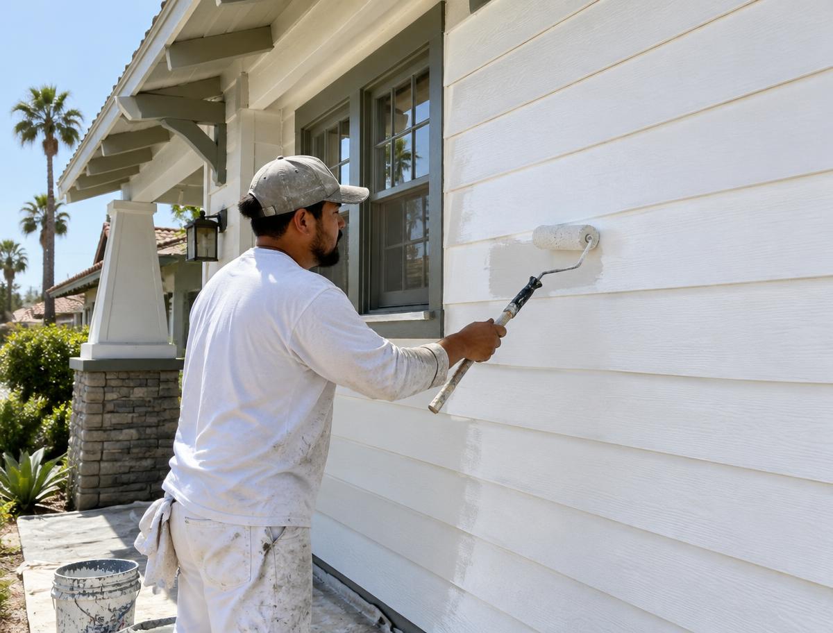 Painter rolling paint on wood lap siding of a craftsman home